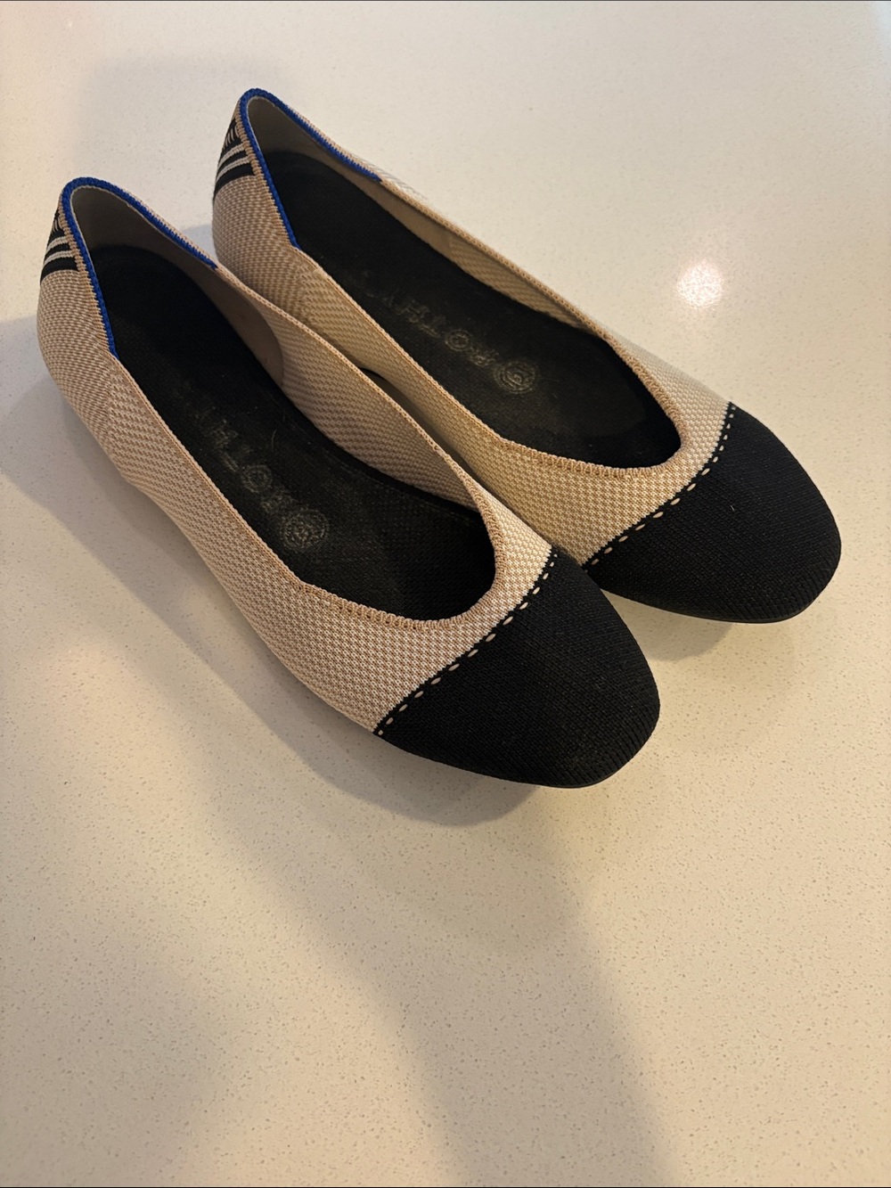 Rothy's the square tuxedo cap toe beige and black